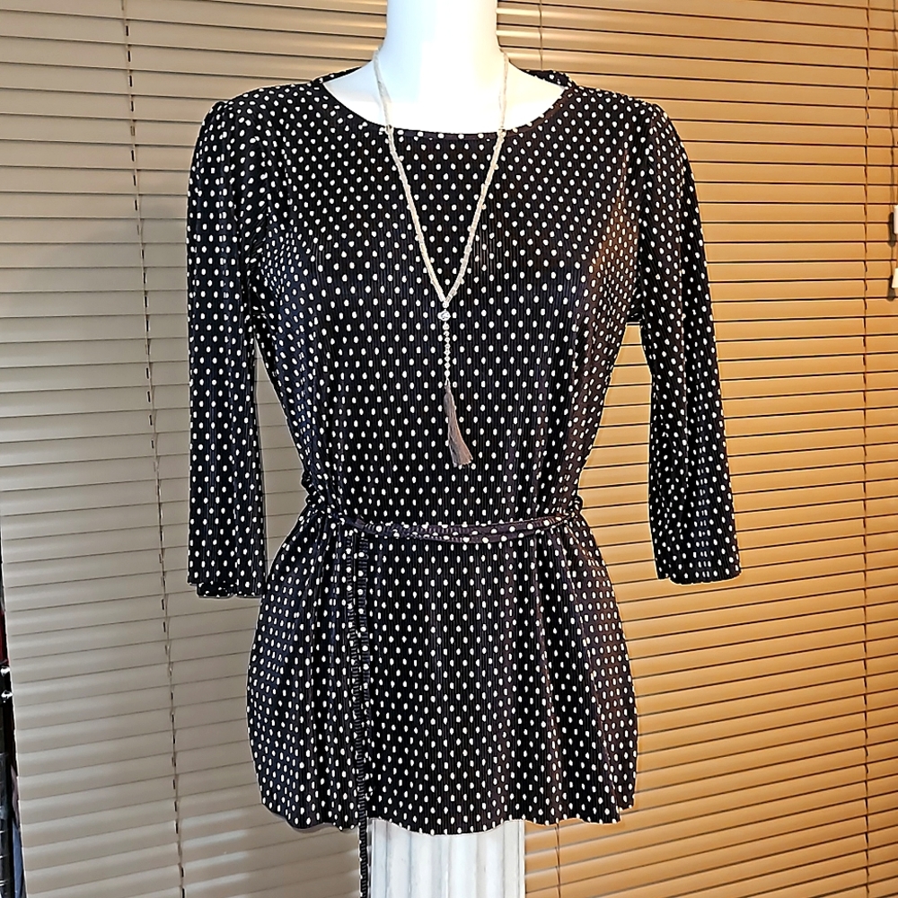 Flattering stretch chiffon type office top polka dot blouse will fit UK 12-14-16 - Picture 5 of 15
